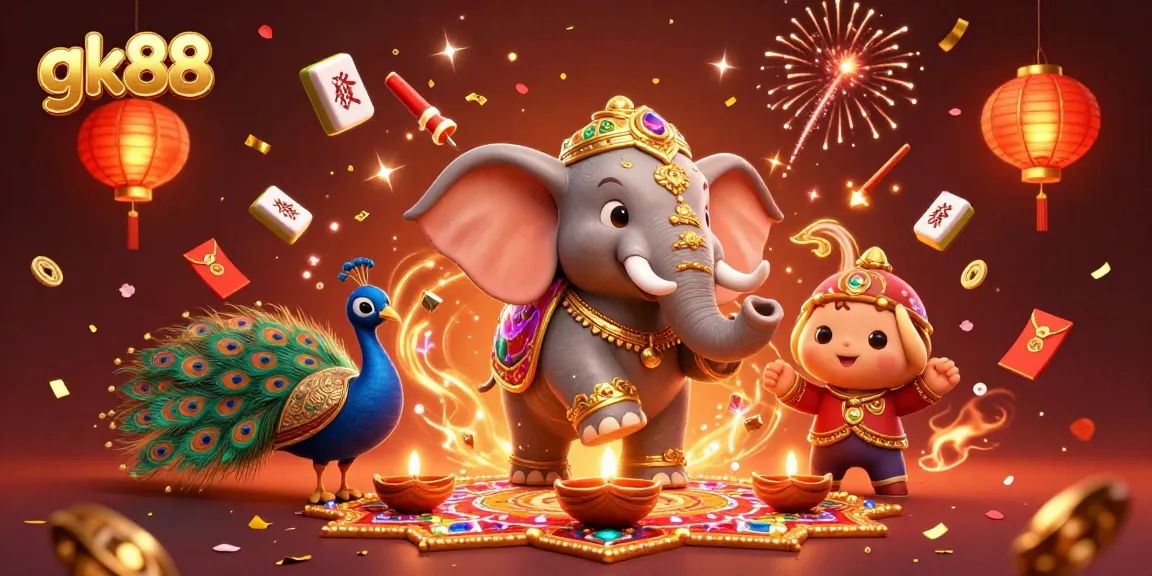 Experience vibrant gk88 gaming action with an ornate elephant and casino elements in colorful 3D art.