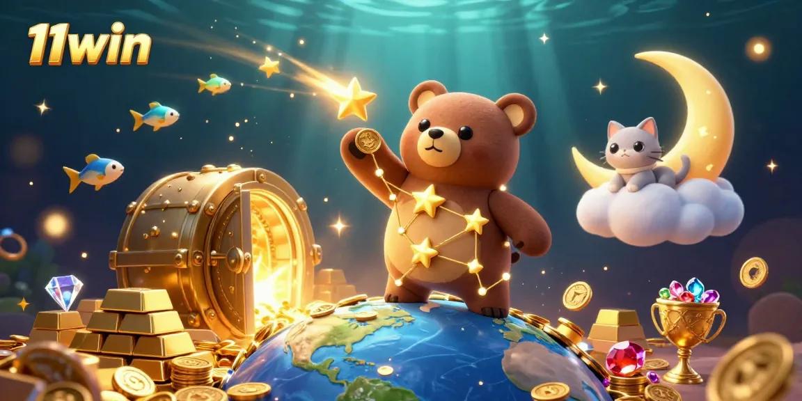 Experience the magic of 11win with constellations, treasure, and vibrant gaming elements in this dynamic scene.