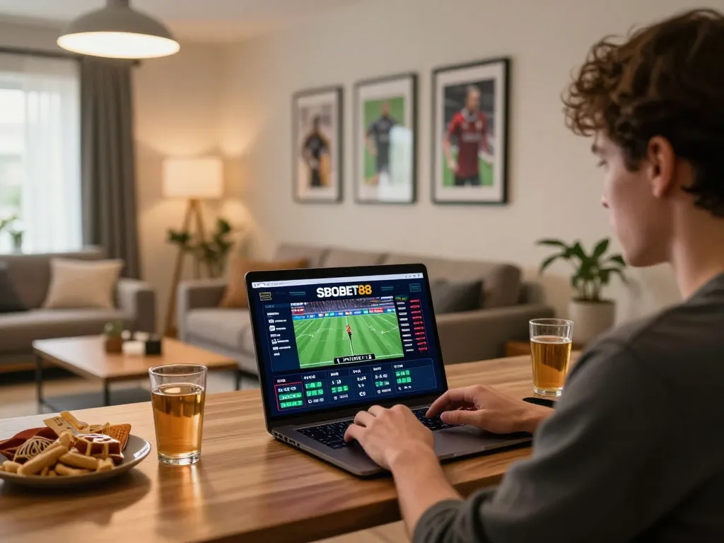 Pengguna SBOBET88 yang terlibat dalam taruhan daring strategis dengan acara langsung ditampilkan di layar, menciptakan pengalaman mendalam.
