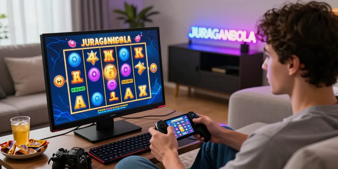 Engaged player enjoying JURAGANBOLA's online slot games with vibrant interface and cozy atmosphere.