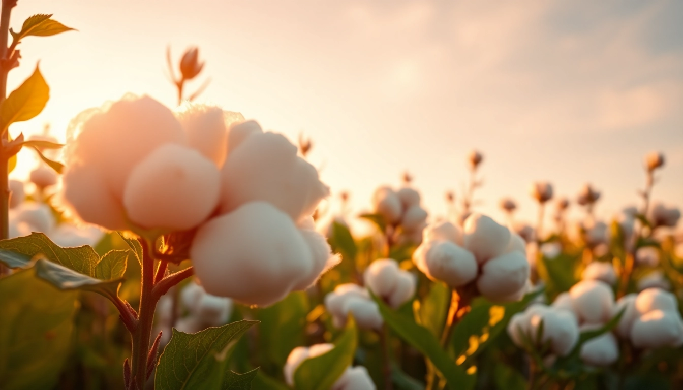 Katoenplanten met zachte bollen in een vloeiend veld onder een gouden zonsondergang.