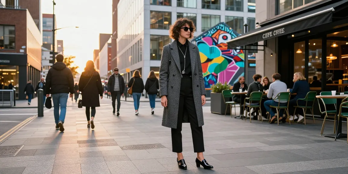 Fashionable individual showcasing urban style with a tailored coat and accessories in vibrant city.
