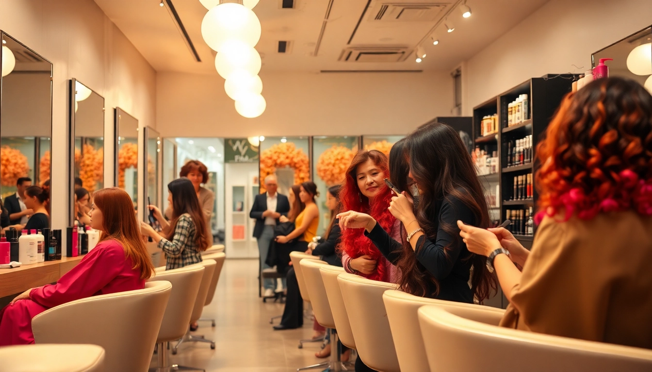 Dynamic peluquería scene with stylists engaging with clients in a vibrant salon.