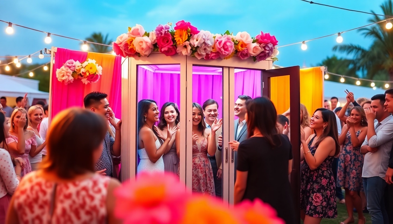Guests enjoying a photo booth rental experience with vibrant colors and joyful atmosphere.