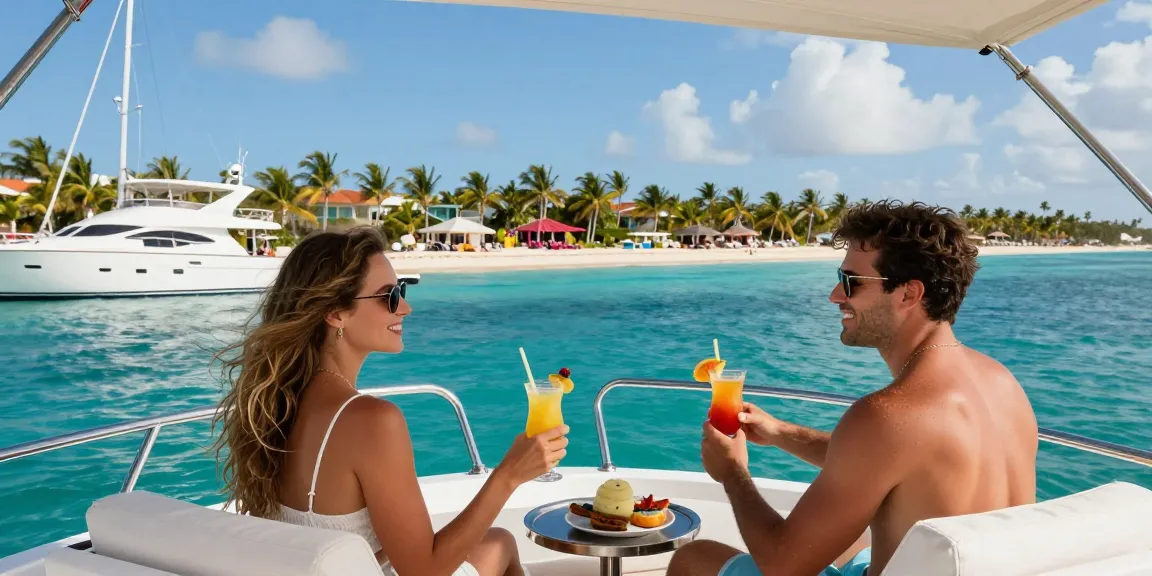 Punta Cana yacht rental experience with a couple enjoying a luxury yacht charter against a tropical backdrop.