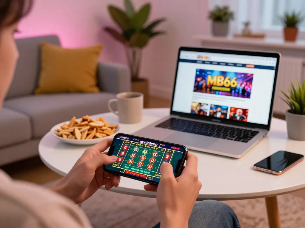 Engaging in mobile gambling at home with the MB66 app on smartphone screen.