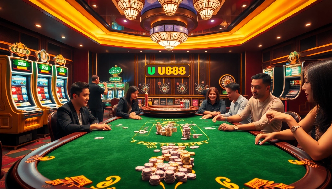 Players enjoying a thrilling game at U 888’s luxurious casino table with chips and cards.