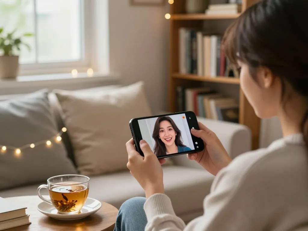 Engaging with an AI gf in a cozy home setup, highlighting virtual companionship.