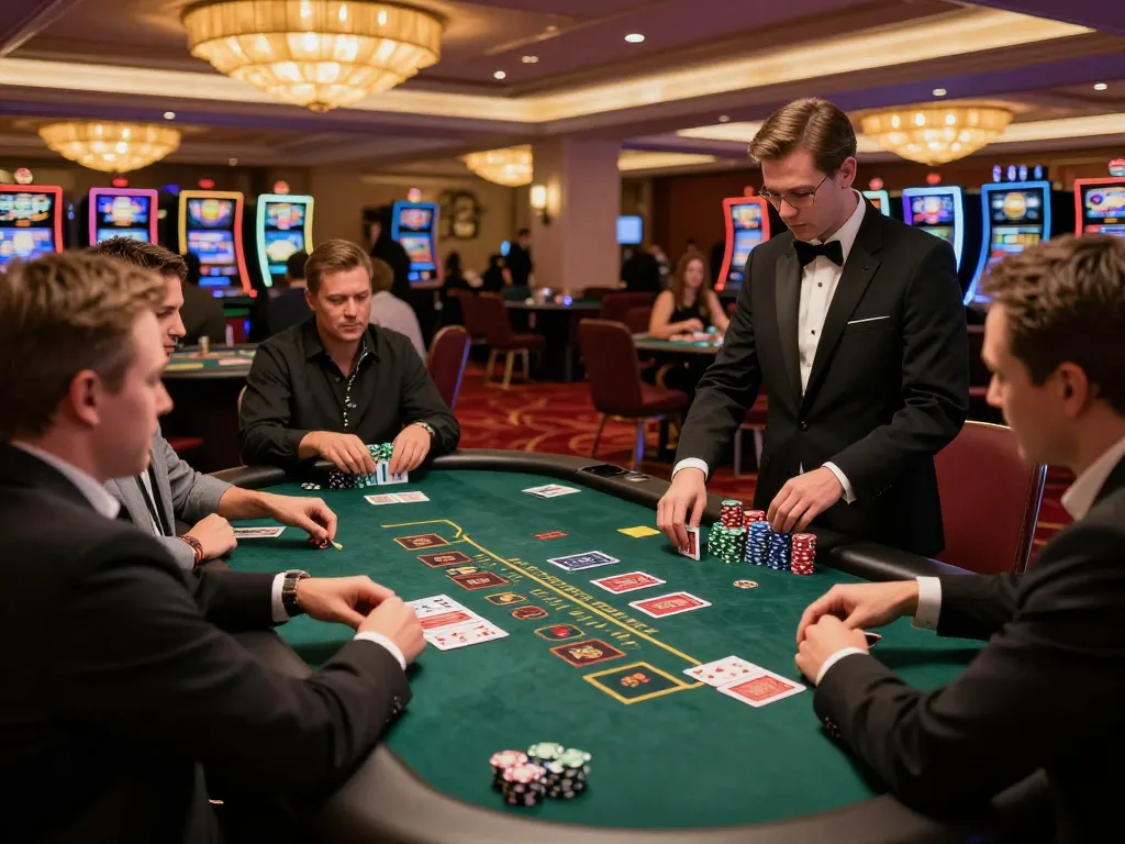 FC88 blackjack game with players and dealer at a luxury casino table full of chips.