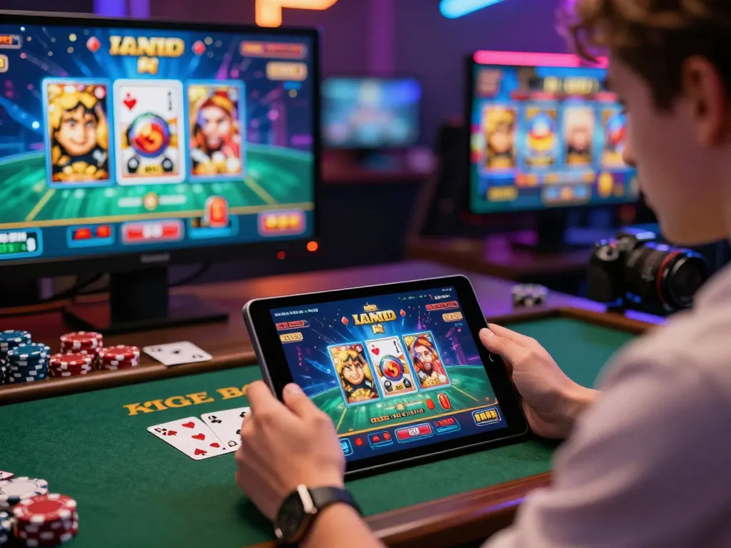Rikvip player immersed in exciting live casino game on tablet, showcasing vibrant graphics and engaging interface.