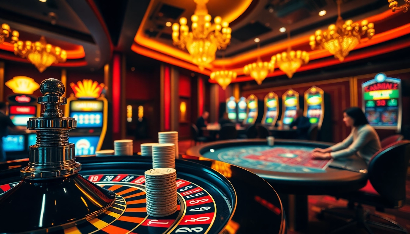 Gambers at https://f168.tools/ placing bets at an intense poker table in a luxurious casino setting.