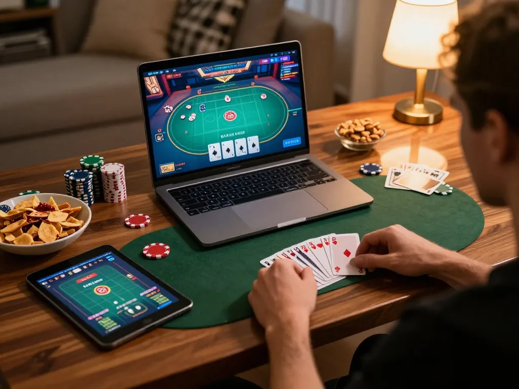 Engaging in an exciting poker game on ee88go, player utilizing strategy tools at home.