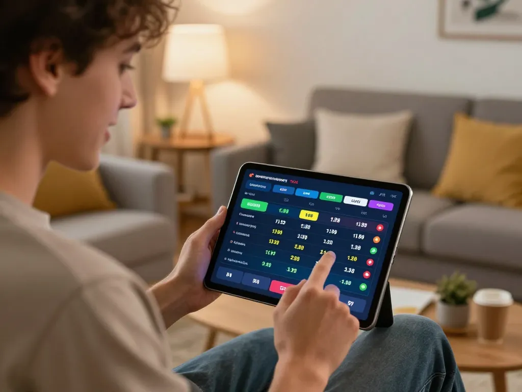 Engaging in tỷ lệ kèo nhà cái 5 sports betting on a tablet in a cozy living room