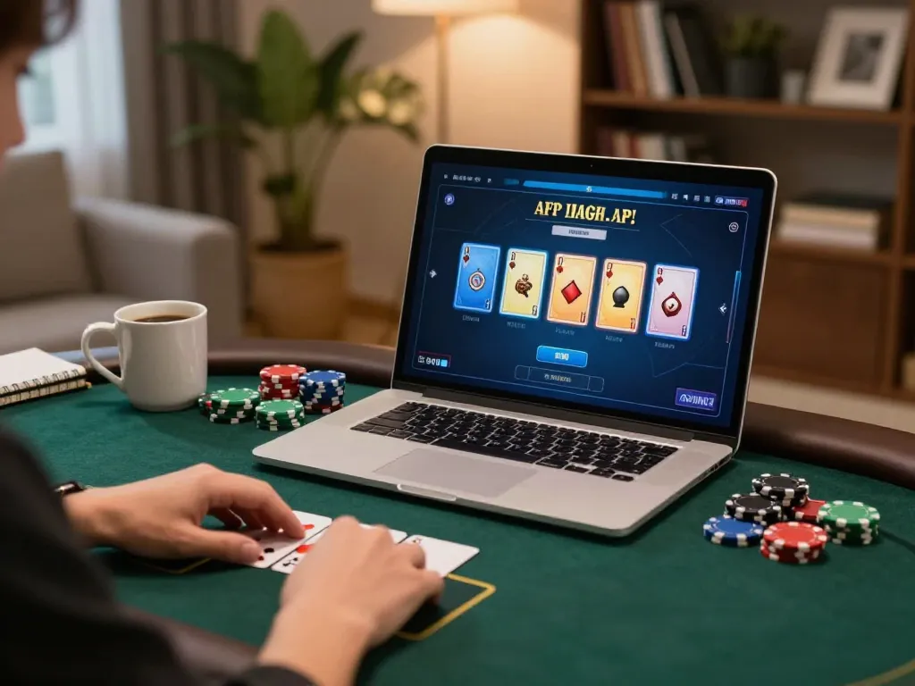Player enjoying online poker at Luck8 from home, showcasing gaming excitement and strategic interactions