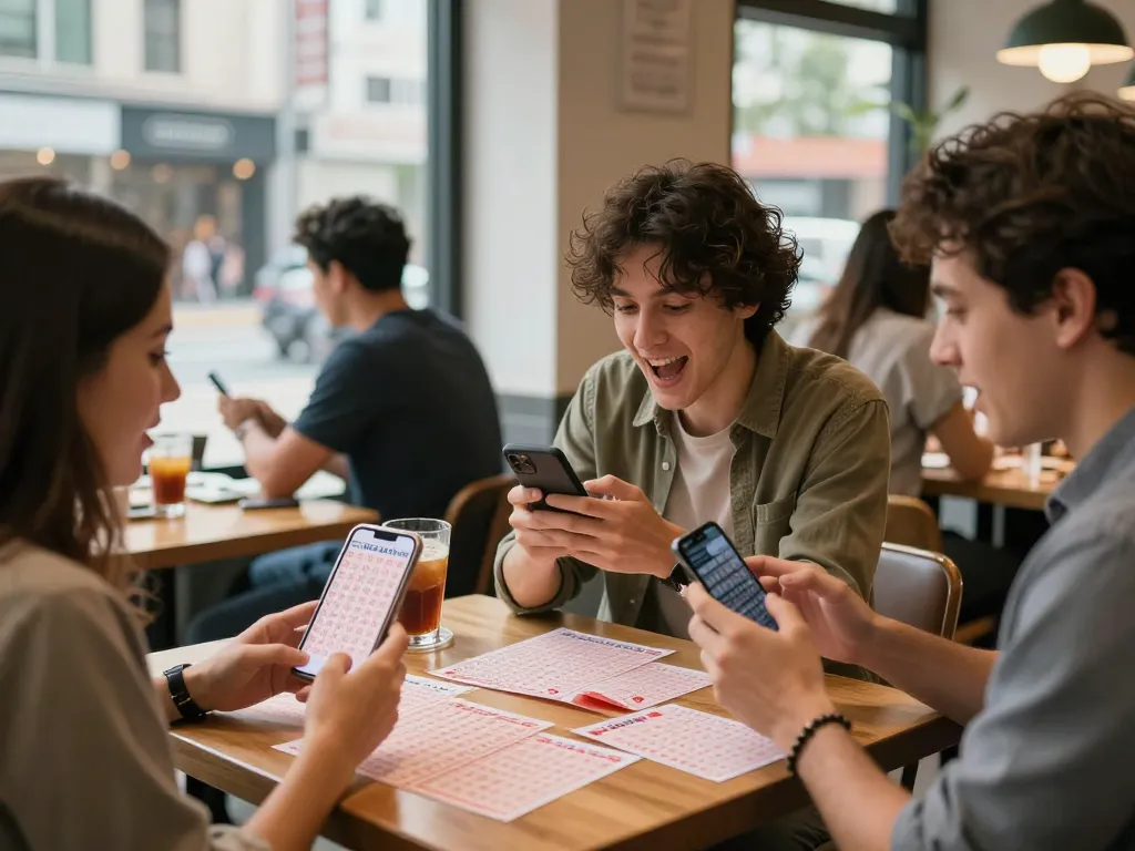 Mengecek hasil lotere Data HK dengan semangat di sebuah kafe modern.