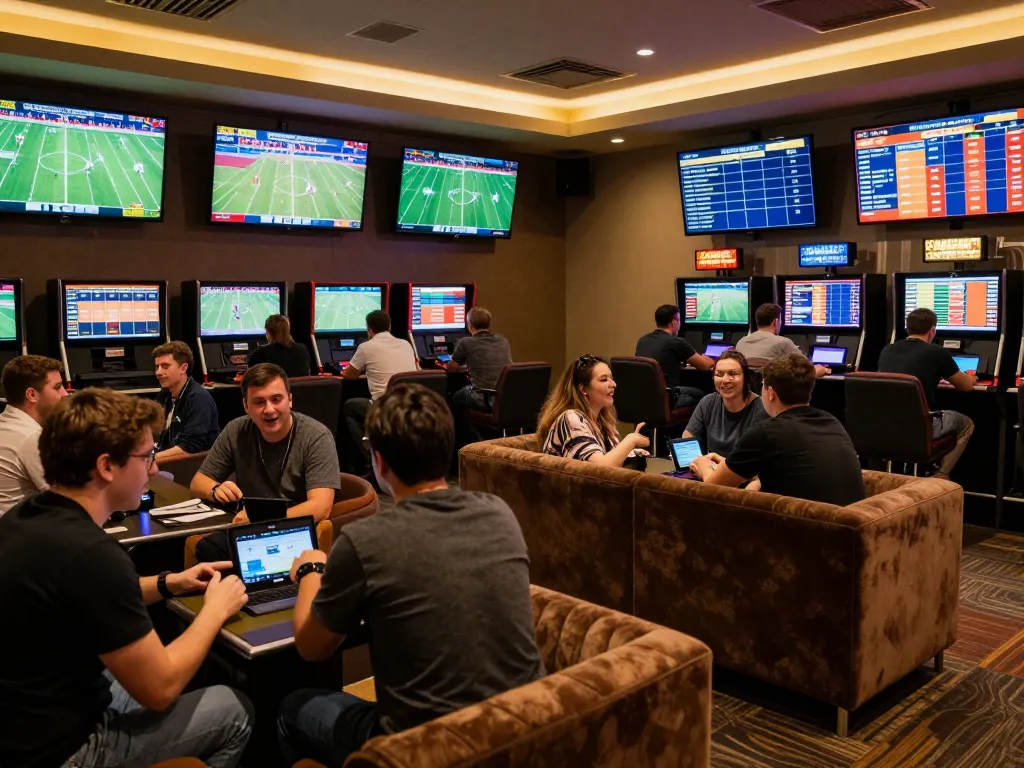 TA88 sportsbook scene with bettors analyzing odds and placing wagers in a lively environment.