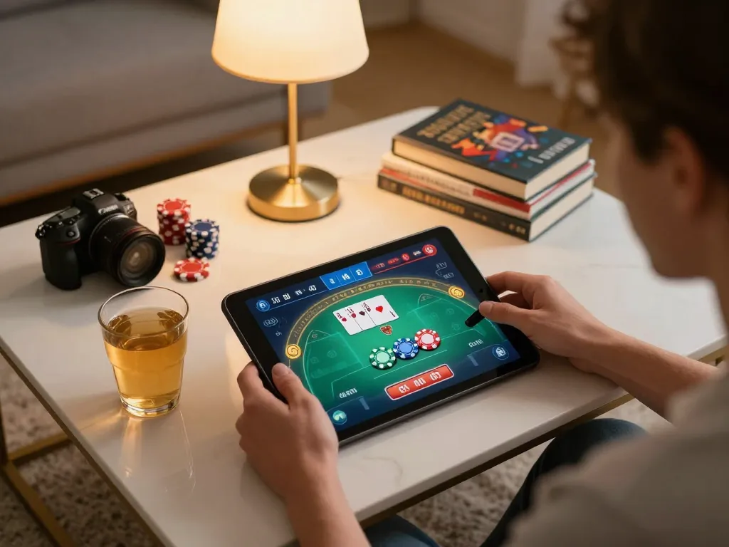 Engaging in online casino gaming at home on a tablet showcasing UU88 poker strategies.