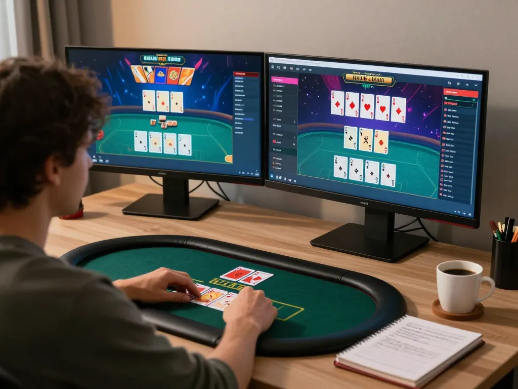 Player analyzing poker strategies while enjoying online gaming with FC88