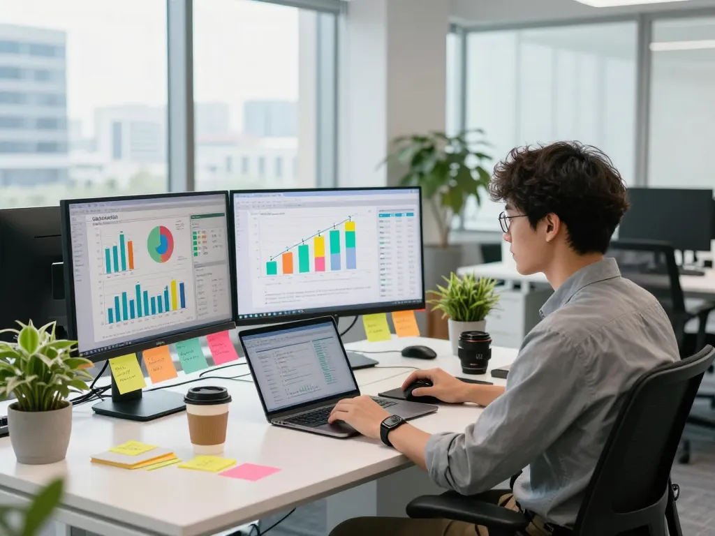 Pemandangan analisis Data HK yang menampilkan grafik berwarna-warni dan ruang kerja kolaboratif.