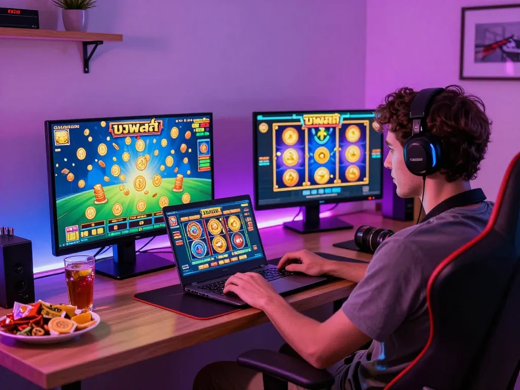 Player enjoying 베트플릭 slots in vibrant home gaming setup with colorful lights and multiple screens.