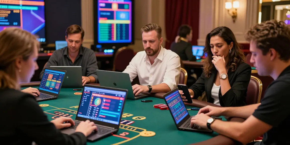 Players excitedly engaging in an online baccarat game, showcasing diverse reactions and vibrant casino decor