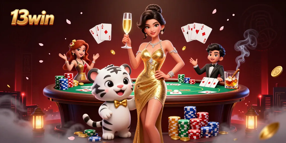 Engage in thrilling gameplay with 13win, where a glamorous woman cheers beside a lucky tiger cub!