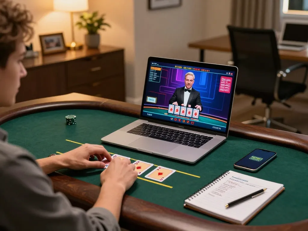 88xeng player engaging in a live dealer blackjack game on a laptop, showcasing strategic gameplay and responsible gambling