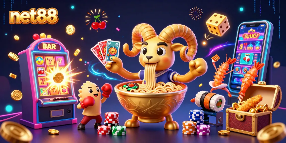 Experience thrilling wins in net88 with a dynamic casino scene featuring vibrant characters and jackpot excitement.