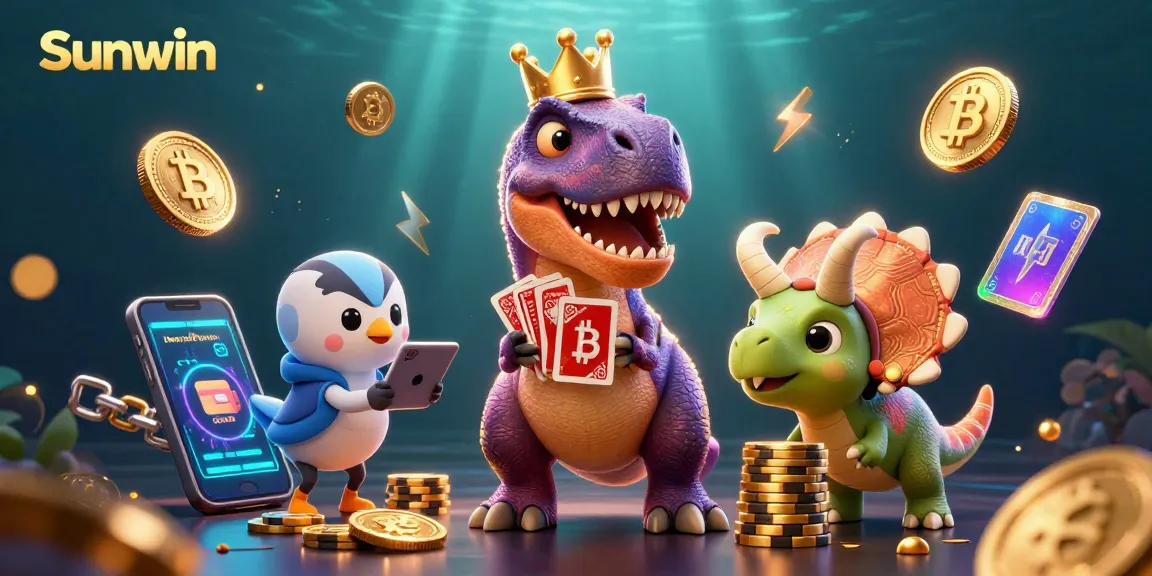 Sunwin presents an exciting scene with a T-Rex and friends enjoying a vibrant casino atmosphere.