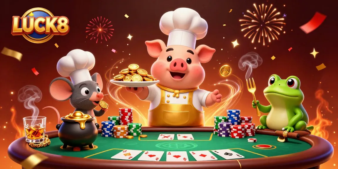 Experience the excitement of LUCK8 with 3D cartoon characters celebrating at a vibrant casino scene.