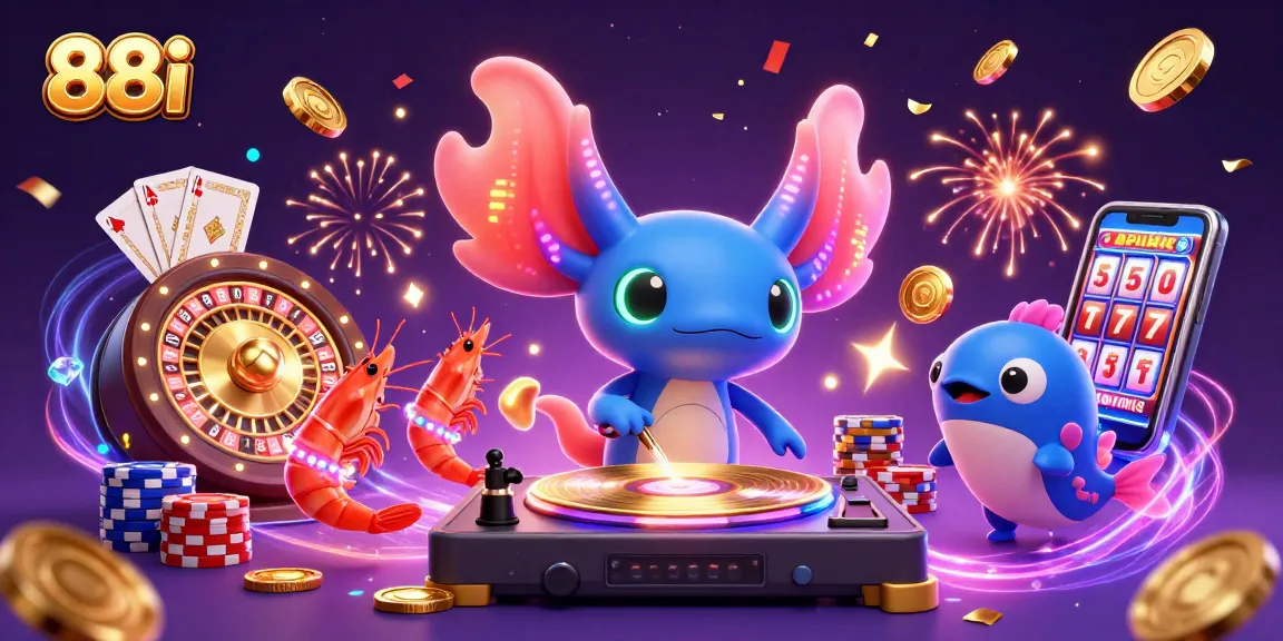 88i casino scene with neon axolotl DJ, glowing shrimp dancers, and sparkling gems.