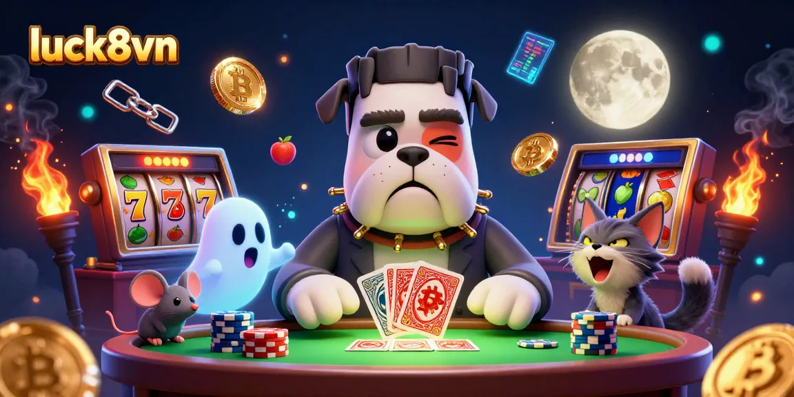 Experience thrilling gaming at luck8vn with a Frankenstein bulldog dealer in an exciting casino scene.