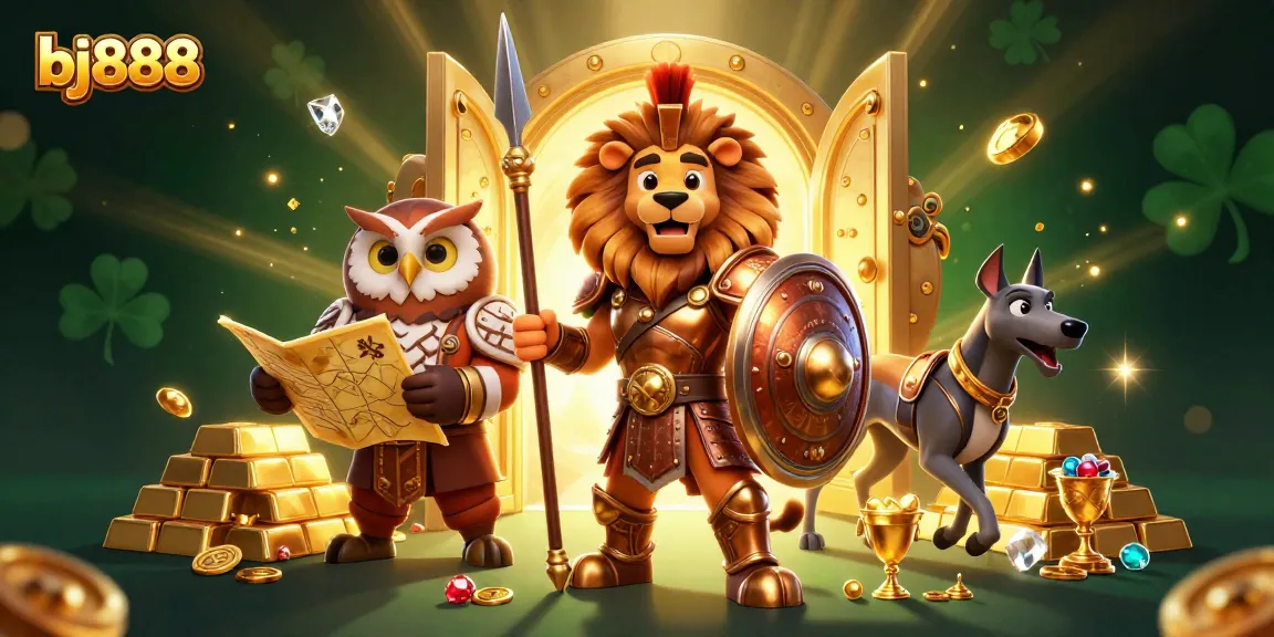 Experience the excitement of bj888 in this vibrant 3D casino illustration featuring heroic characters and golden treasures.