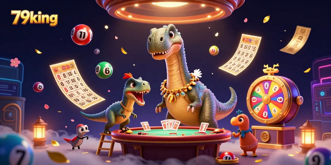Engage with 79king through vibrant lottery balls and a unique brontosaurus-themed casino scene.