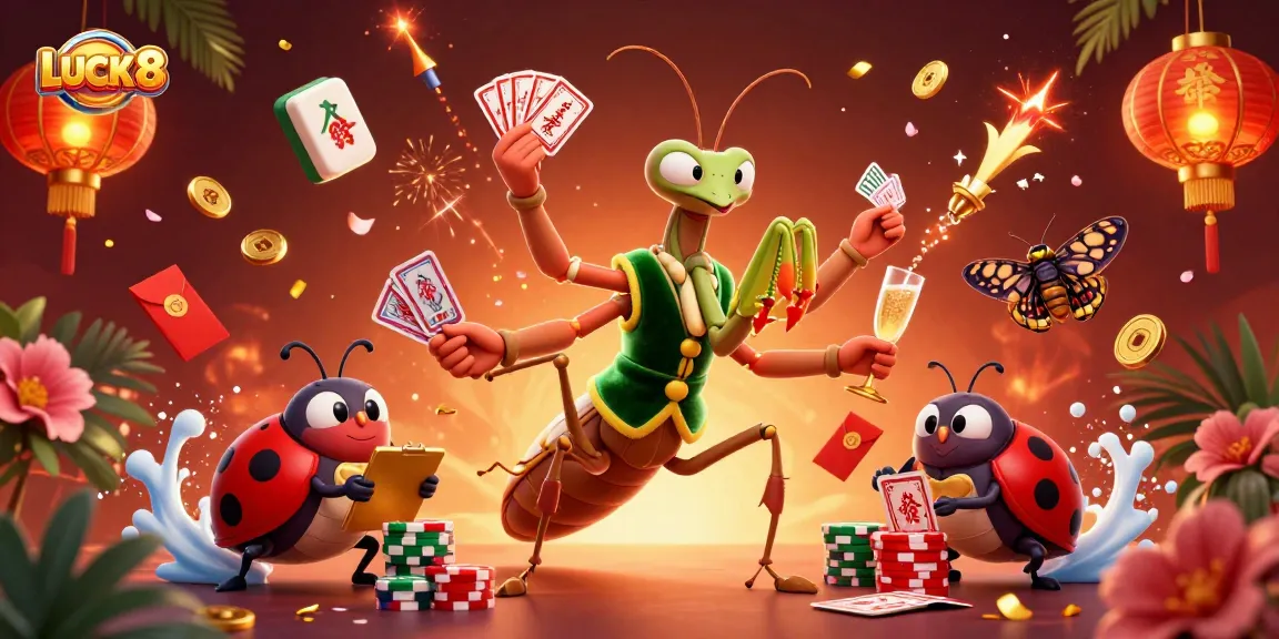 Experience the vibrant gaming world of LUCK 8 with a dynamic, engaging illustration of card dealing and celebration.
