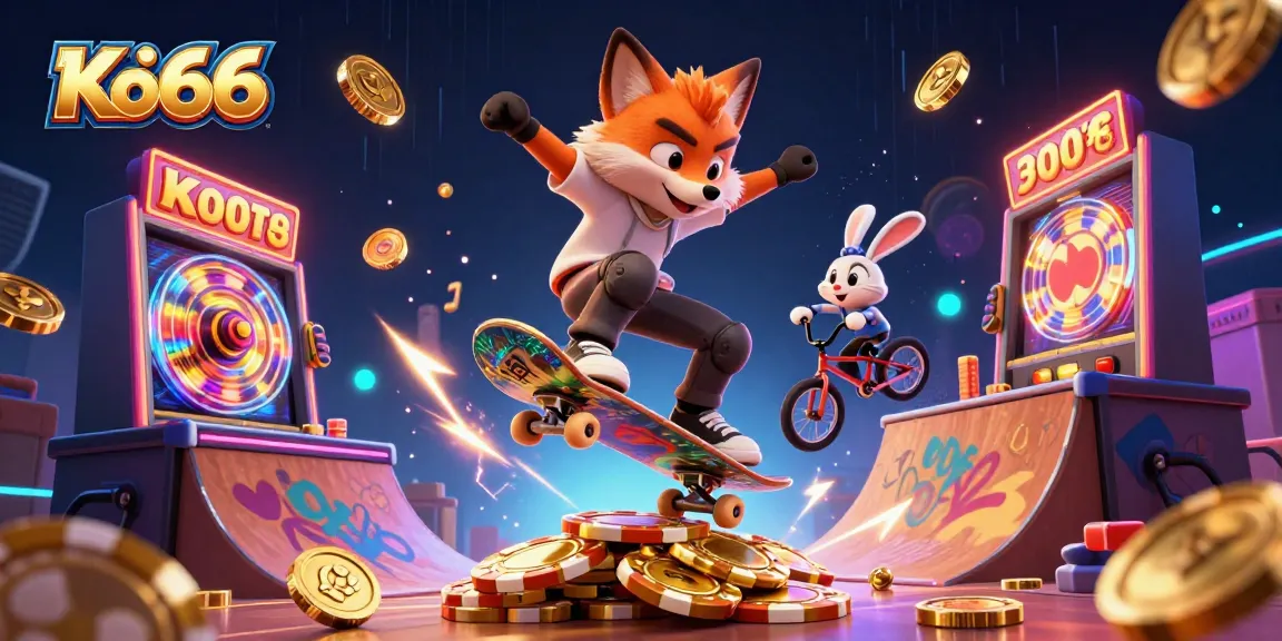 Experience thrilling action at Ko66 with a vibrant 3D scene of a skateboarder fox and BMX rabbit amidst casino graphics.
