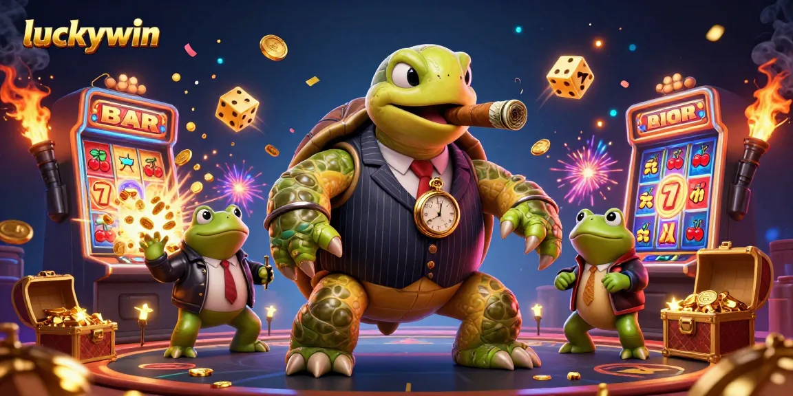 Experience the thrill of luckywin with a 3D cartoon scene of a snapping turtle mobster amidst casino excitement.