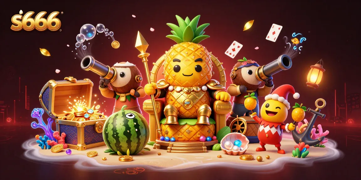 s666's vibrant beach casino scene with a golden pineapple king, colorful game elements, and dynamic action