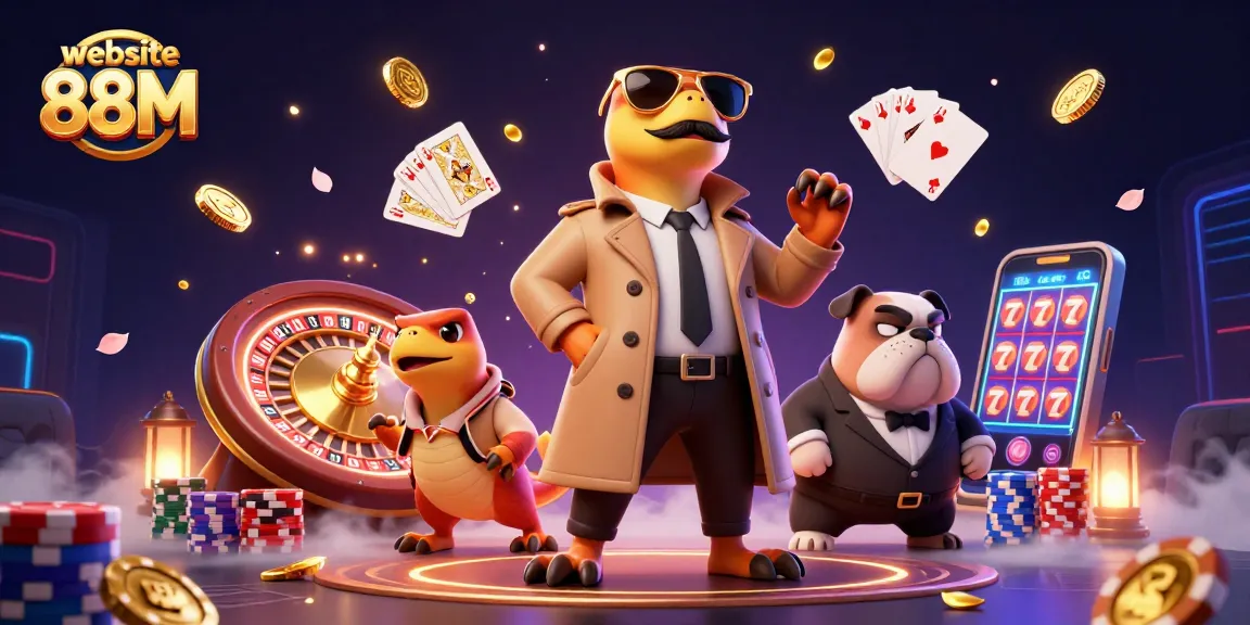 Experience the excitement at website 88M with a whimsical scene featuring raptors in a trench coat and glittering casino elements.