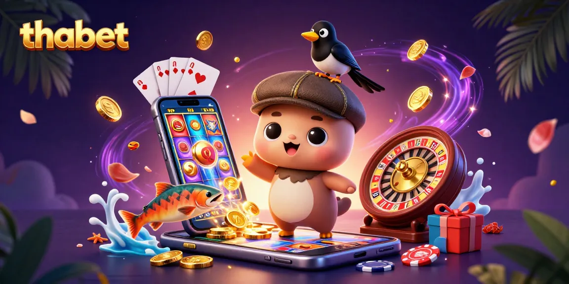 Engage with thabet’s vibrant casino world through this dynamic 3D illustration showcasing playful characters and gaming elements.