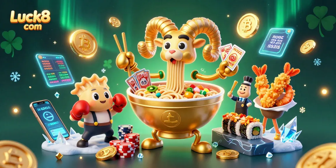 Luck8 com features an exciting casino scene with a golden ramen bowl dealer, crypto coins, and vibrant atmosphere.